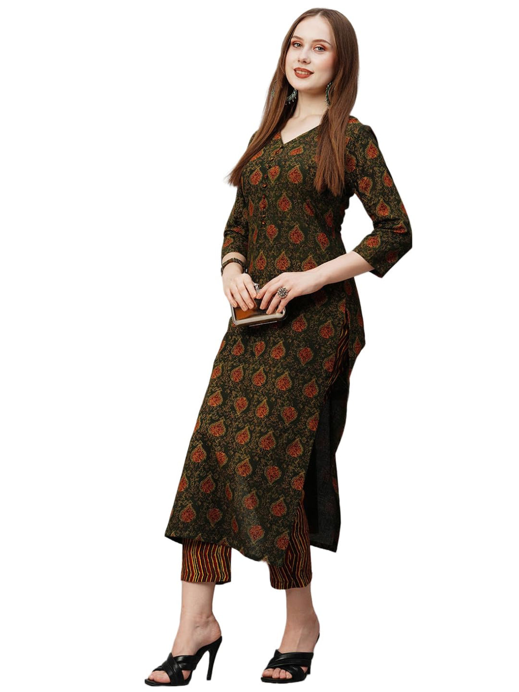 Gosriki Women'S Cotton Blend Printed Straight Kurta With Pant (Tapa Green-Gs_Xxl_Green_Xx-Large)