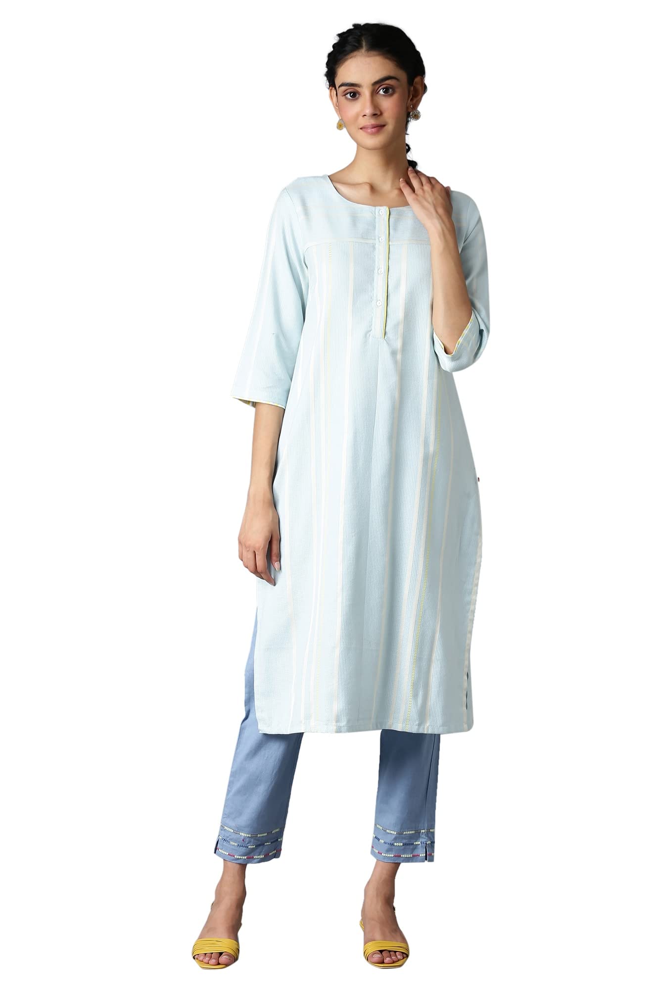 W For Woman Light Blue Vertical Striped Regular Kurta