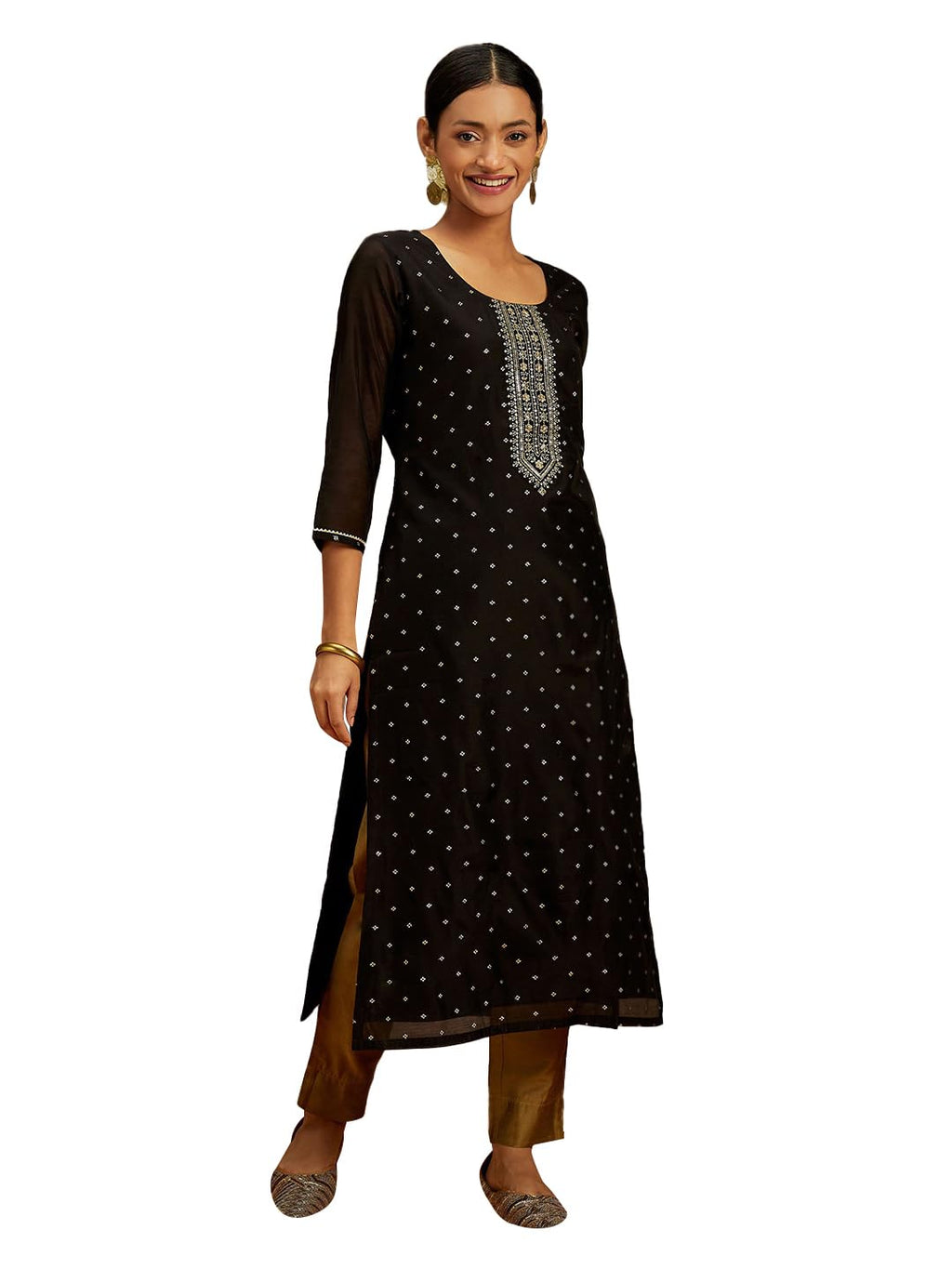 Libas WomenS Chanderi Silk Yoke Design Straight Kurta (58046_Black