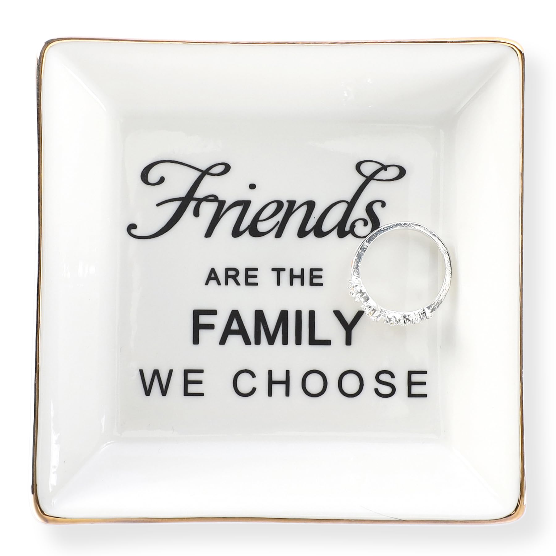 HOME SMILE Birthday Christmas Funny Gifts for Best Friend-Ceramic Ring Dish Jewelry Tray-Friends are Family We Choose