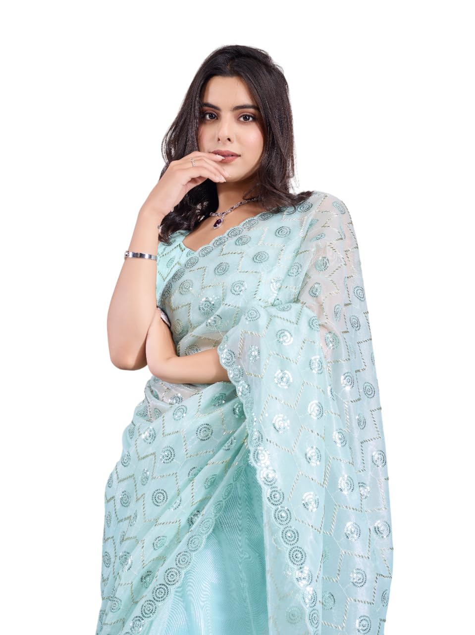 EKASYA Women Soft Twill Net Sky Blue Geometric Pattern Embroidery Work Saree With Unstitched Blouse (E6270_2)