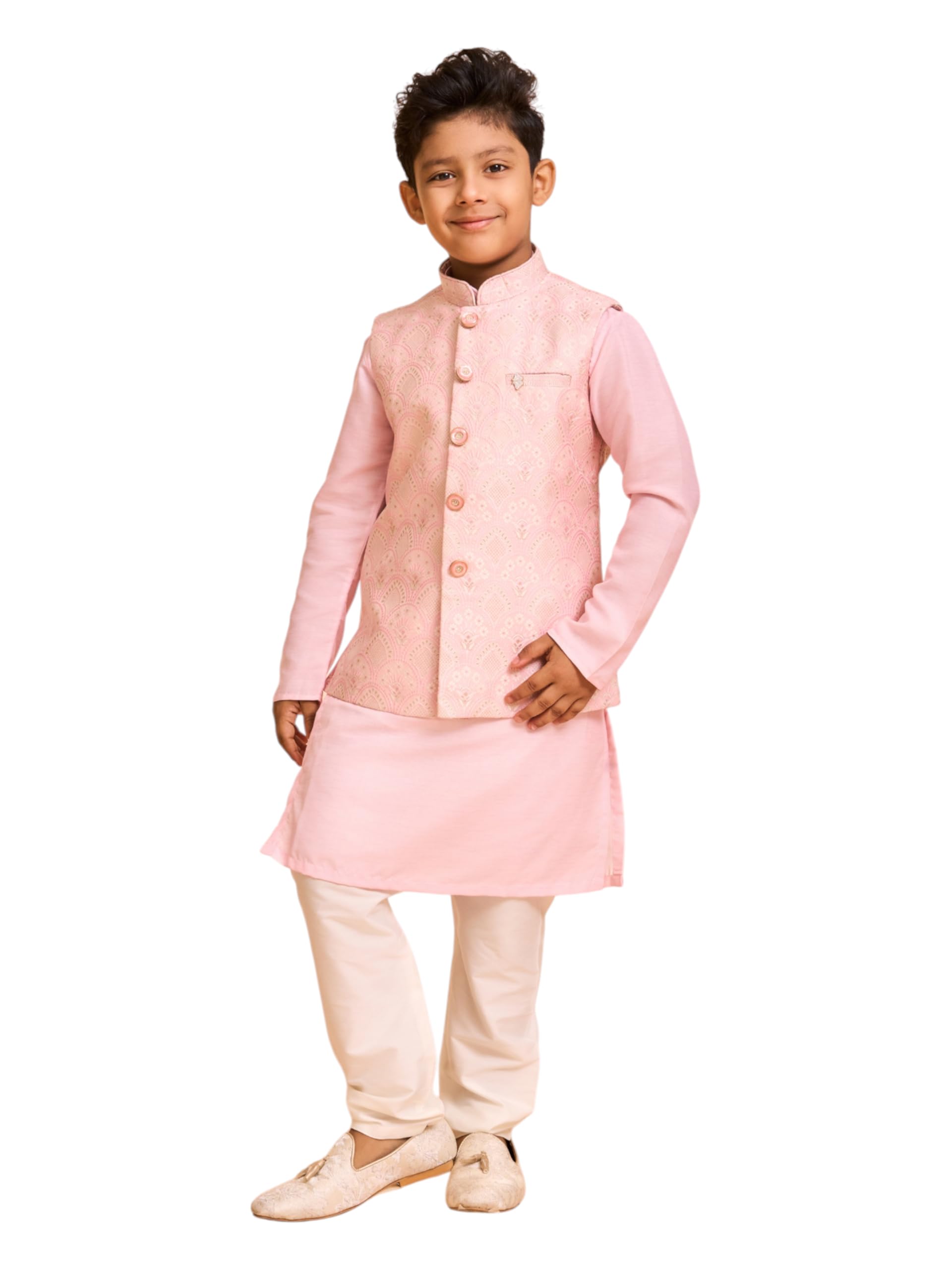 Manyavar Boys Brocade Self Design with Shimmer Kurta Jacket Set (Pink,5-6Y)