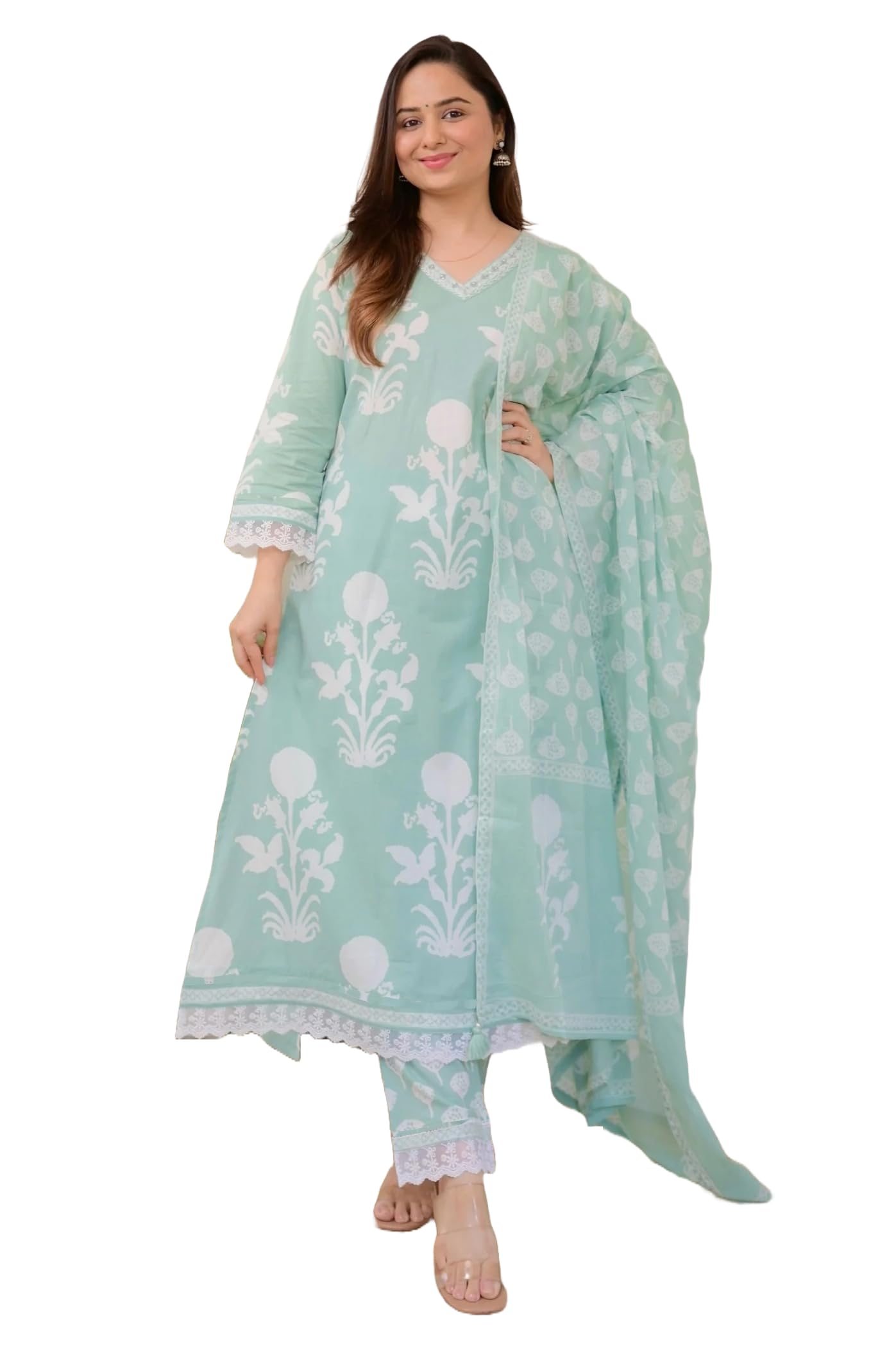 Nermosa Women Printed Straight V-Neck Kurta With Pant Set With Dupatta (In, Alpha, Xl, Green)