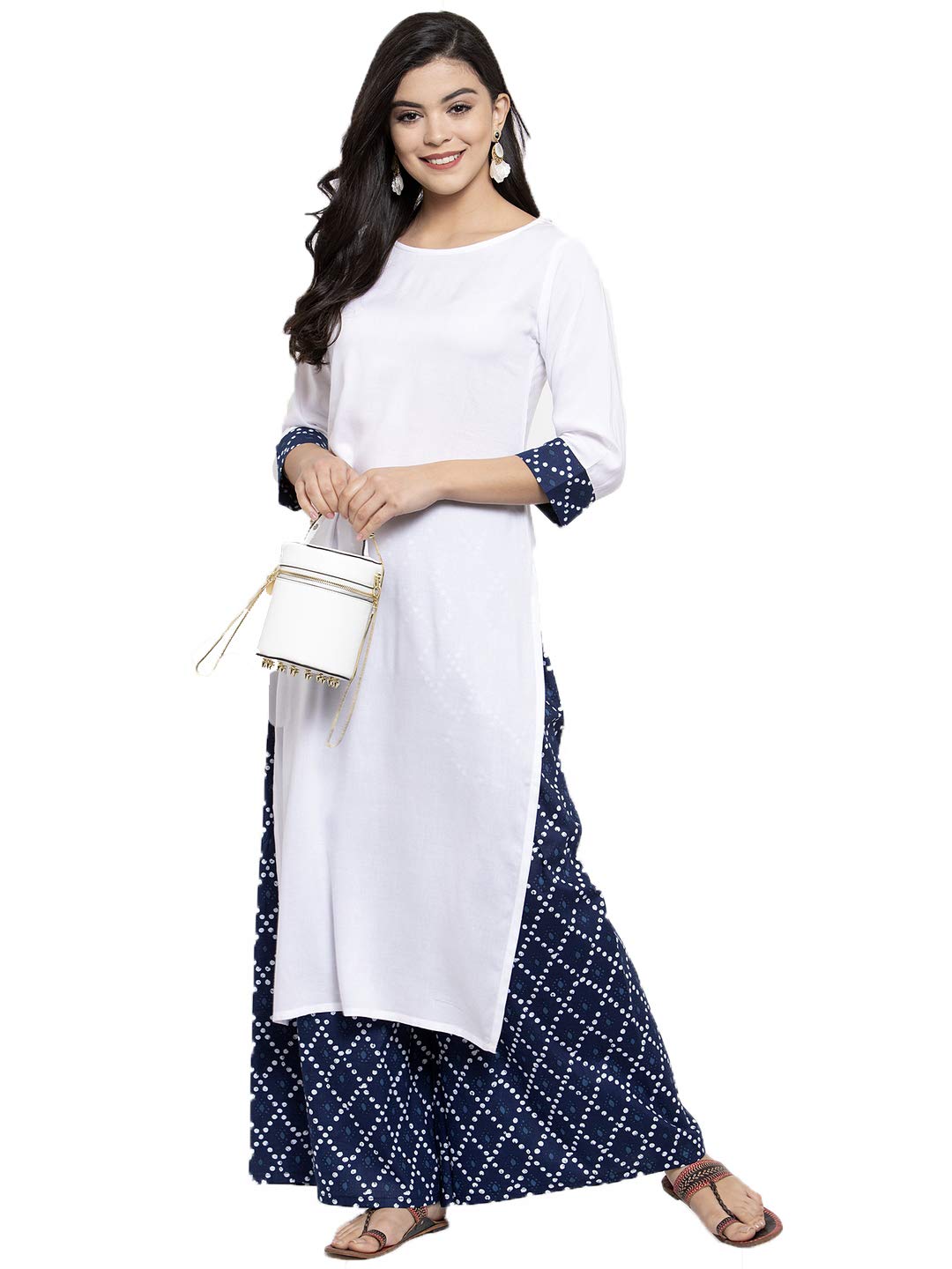 ANNI DESIGNER Womens White Rayon Straight Kurta with Plazzo Set (RIA White_M)
