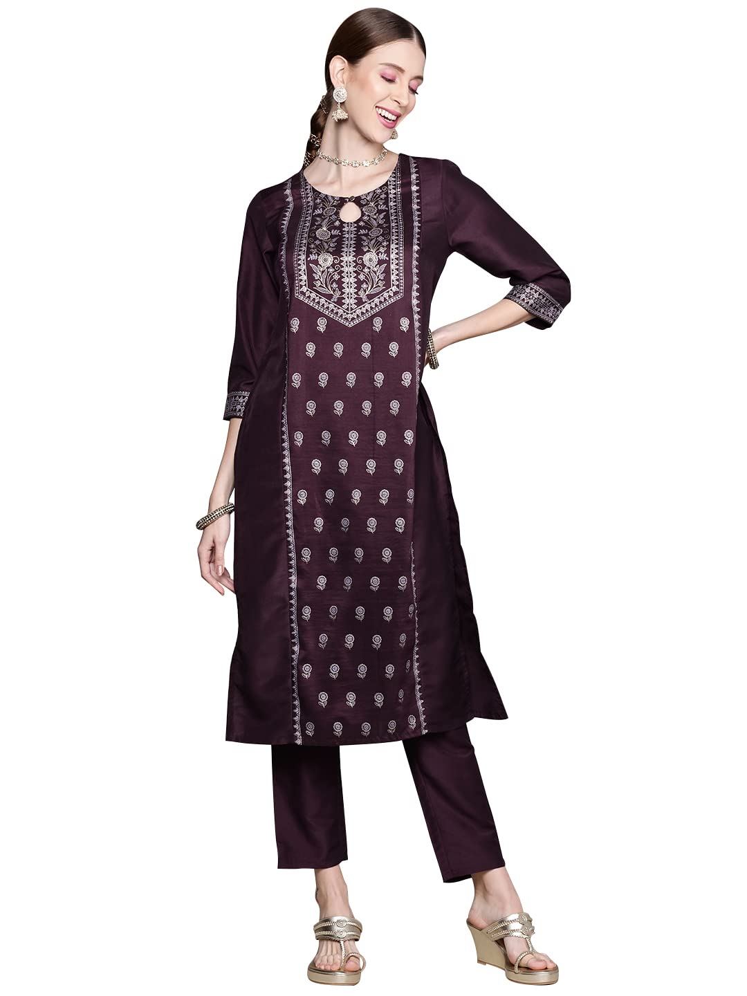 Ziyaa Women'S Purple Chinon Straight Kurta And Pant Set(Zikuch3801Andpa-Xxl)