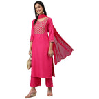 ANNI DESIGNER Women's Cotton Blend Printed Straight Kurta with Pant & Dupatta (Khunti Pink_XXL_Pink_XX Large)