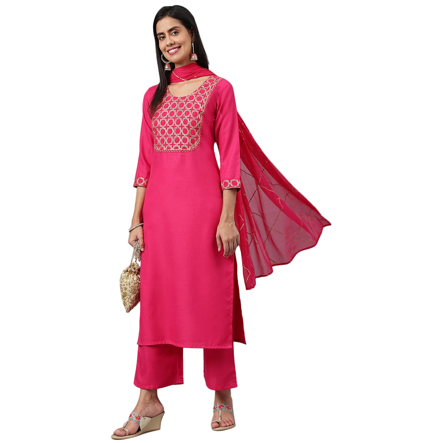 ANNI DESIGNER Women's Cotton Blend Printed Straight Kurta with Pant & Dupatta (Khunti Pink_XXL_Pink_XX Large)