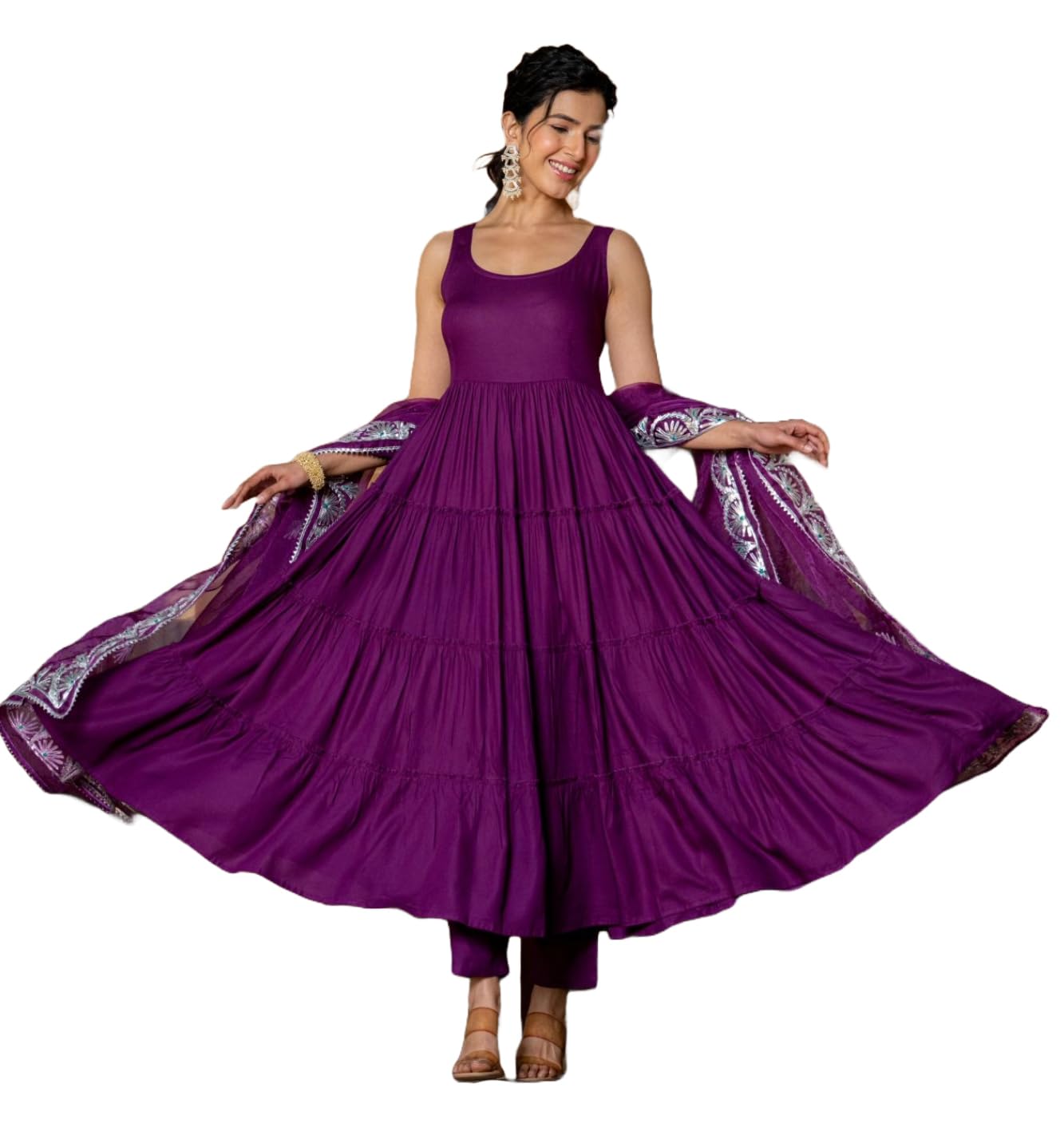 ANNI DESIGNER Womens Rayon Blend Anarkali Solid Kurta with Pant & Dupatta (Kasbah Purple_XXL_Purple_XX-Large)