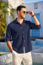 Finivo Fashion MenS Casual Cotton Plain Button Down Shirt Long Sleeve Textured Summer Beach Shirt For Men Navy
