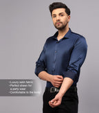 Deelmo MenS Stylish Solid Satin Casual Shirt For Men Full Sleeves| Poly Satin Silk Shirt Navy Blue