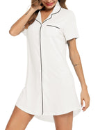 Senert Nightgowns & Nightshirts for Women Short Sleeve Nightshirt V-Neck Sleepwear Boyfriend Sleepshirt Pajama Dress White,Mediu