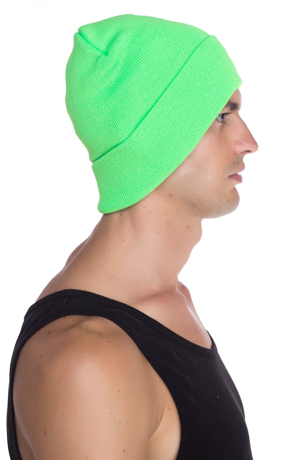 Top Level Beanie Men Women - Unisex Cuffed Plain Skull Knit Hat Cap, Neon Green