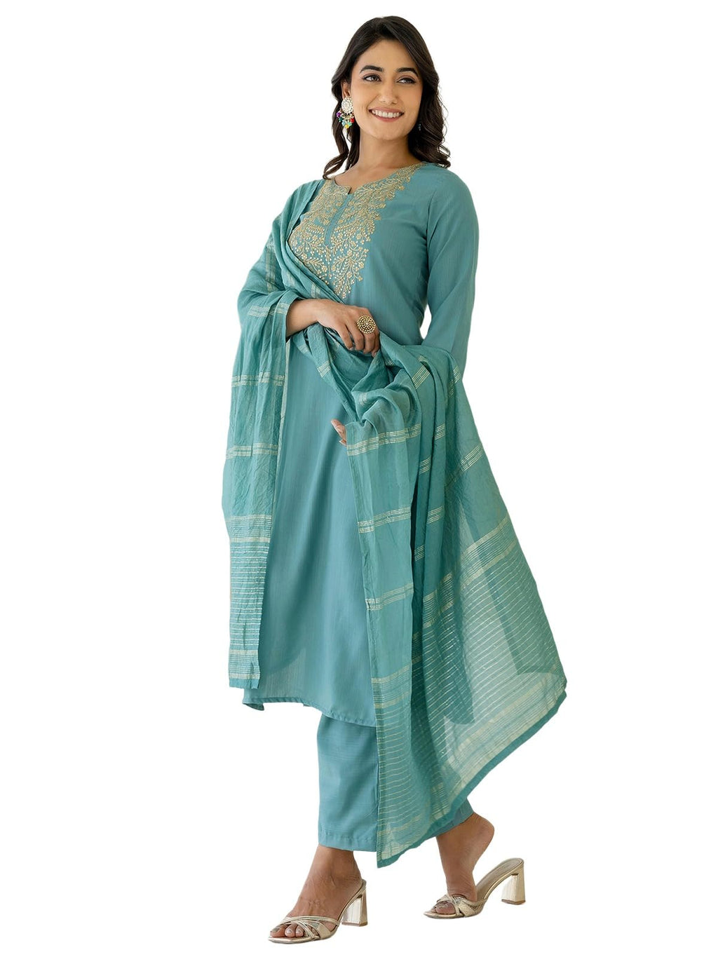 Sanisa Women'S Cotton Slub Embroidery Sequin Work Kurta With Pant And Dupatta Set (239Kbd2524N-Xl_Dusty Teal Green)
