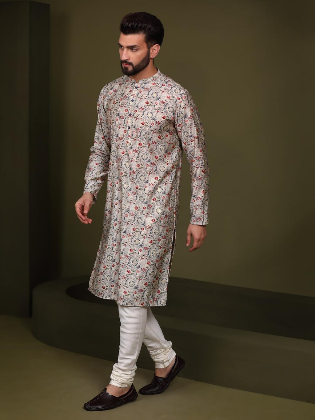 Kisah Men Multicolor Kurta, Cotton, Full Sleaves, Knee Length, Straight, Regular Fit, Mandarin Collar Ethnic Wear