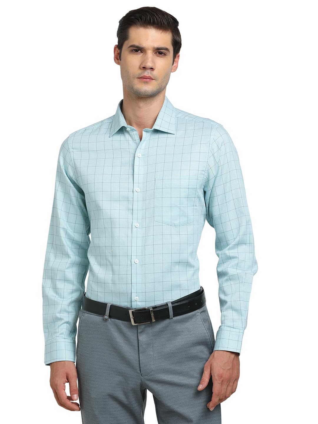 Turtle Men 100% Cotton Regular Fit Light Blue Checkered Full Sleeve Formal Shirt