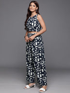 Varanga Women Navy Blue Sleeveless Top Paired With Printed Jacket And Palazzo