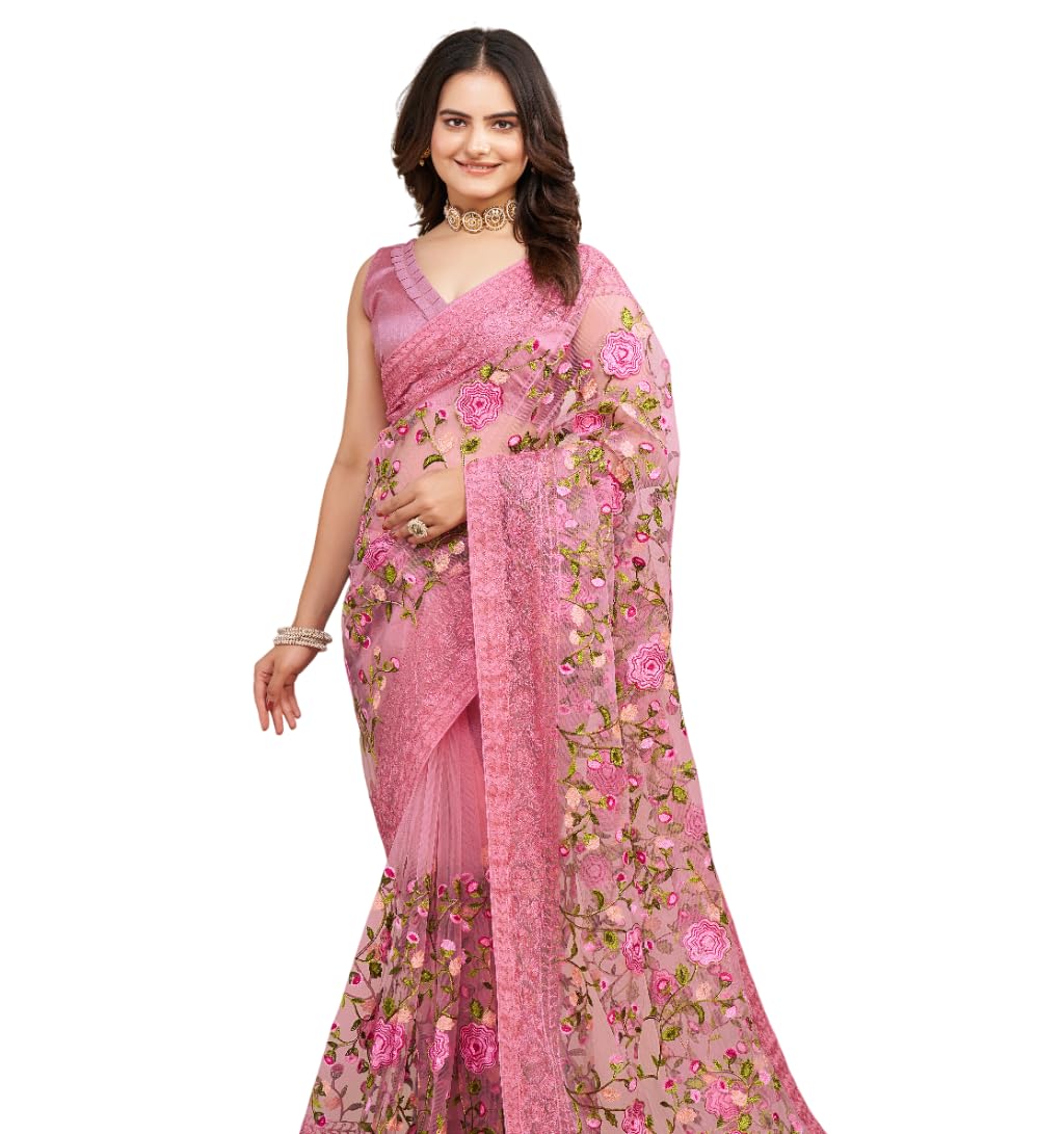 VAIRAGEE Women Soft Net Blush Pink Embroidery Saree 6079_2