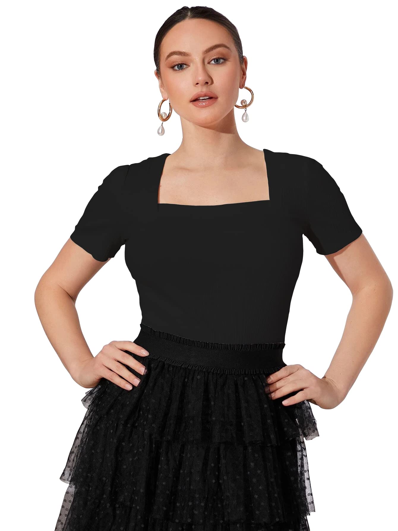 Shasmi Womens & Girls Black and Maroon Solid Knitted Square Neck Regular Fit T-Shirts Short Puff Sleeve Tops (52 Pack 2 Black