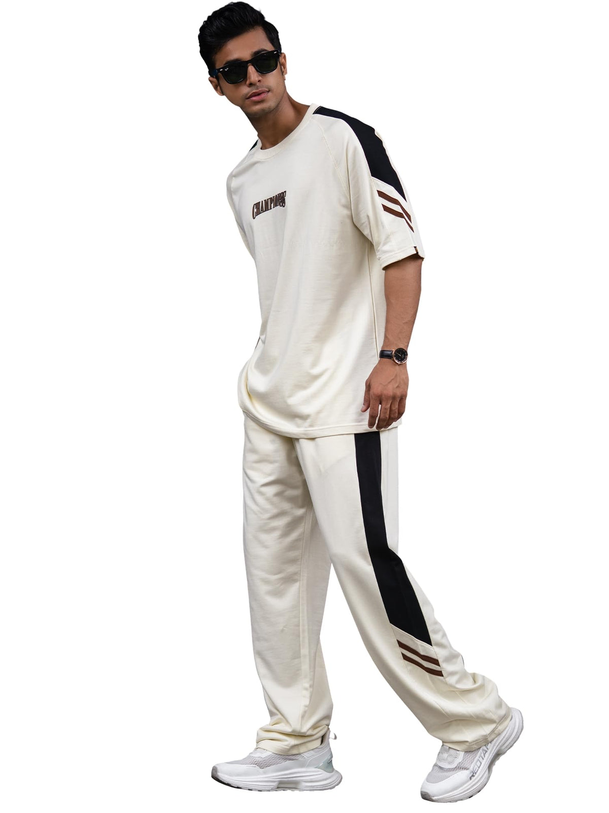 Maniac Mens Colorblock Round Neck Half Sleece Cream And Black Cotton CoOrds