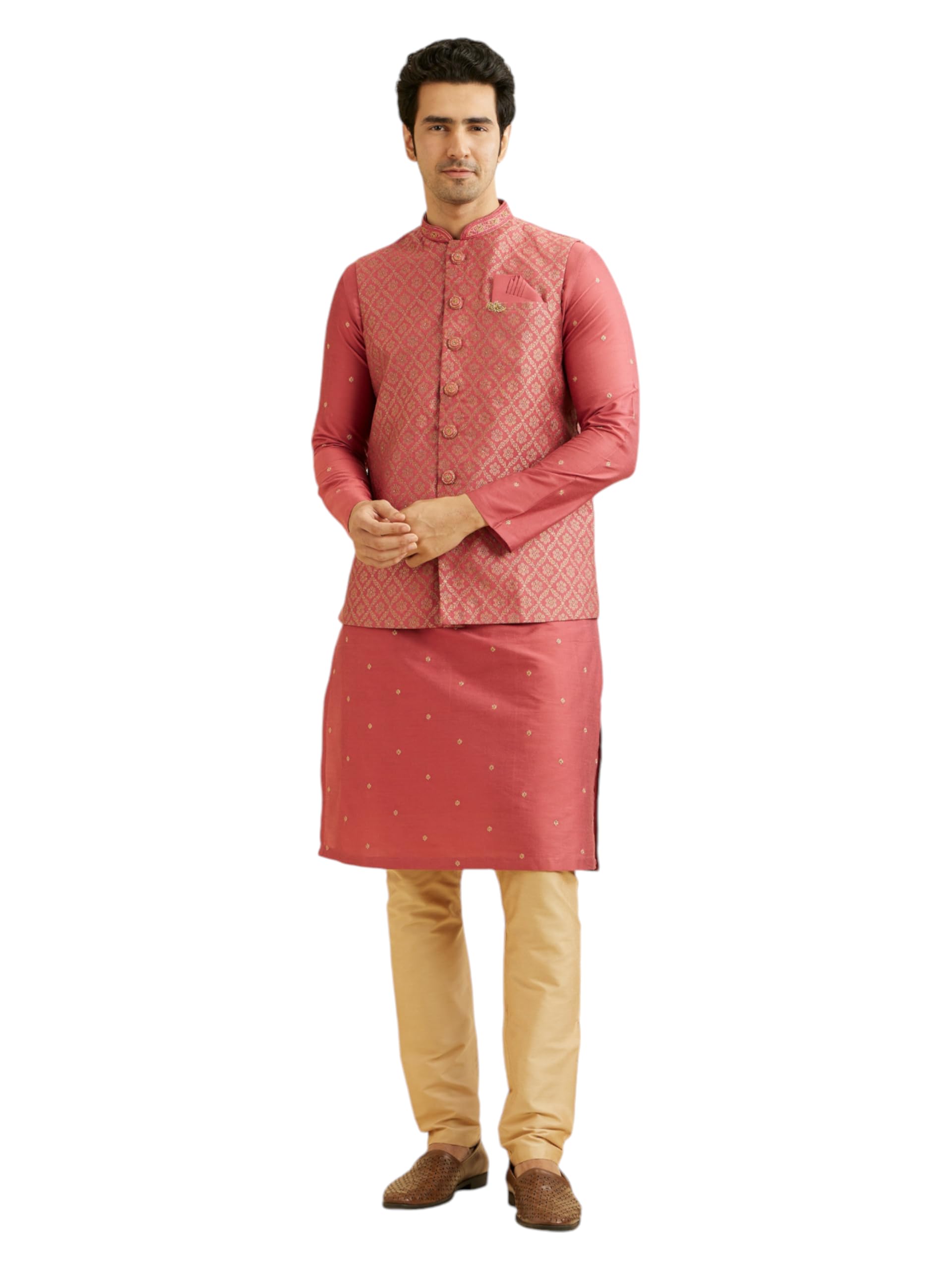 Manyavar Mens Art Silk Embroidered Kurta Jacket Pyjama Set (Pink,XXL)