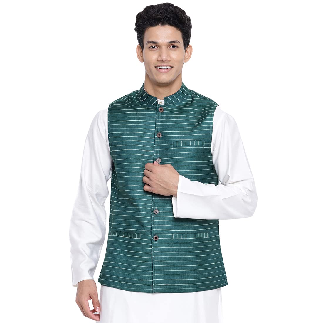 Fabindia Men Viscose Blend Striped Nehru Jacket Green_XS