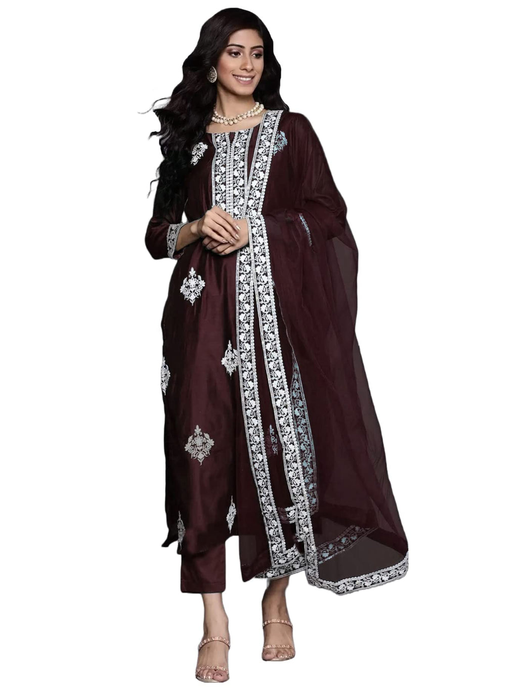 Gosriki Women'S Cotton Blend Straight Embroidered Kurta With Pant & Dupatta (Weekend Wine-Nw2-Gs_L_Wine_Large)