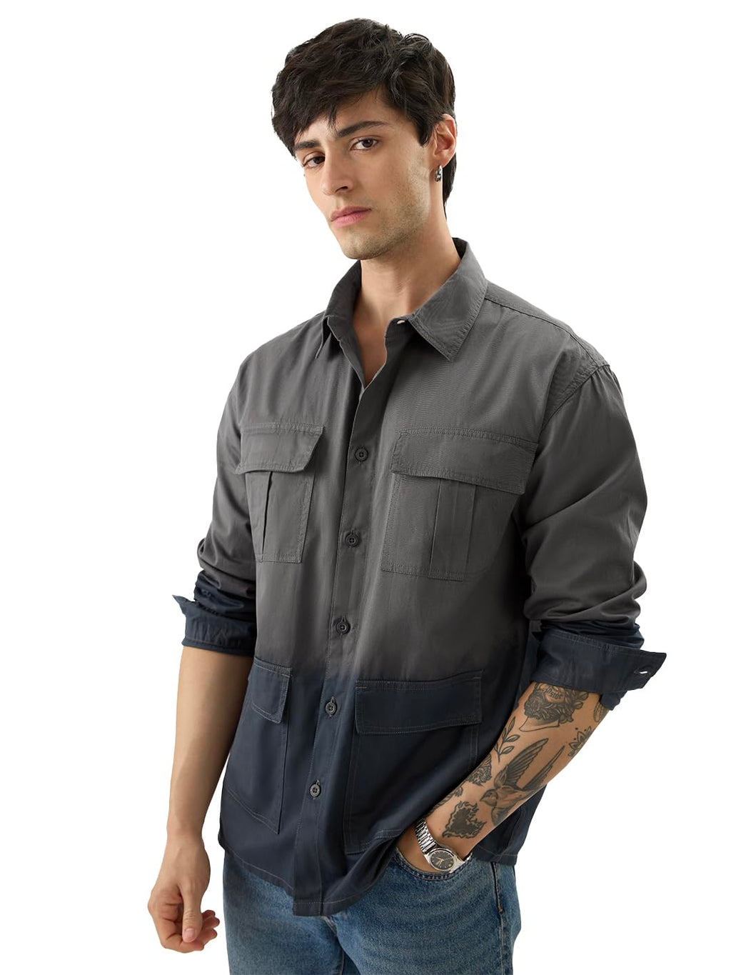 The Souled Store Blue Bonnet Men and Boys Long Sleeves Collared Neck Buttoned Front Regular Fit Cotton Utility Shirts