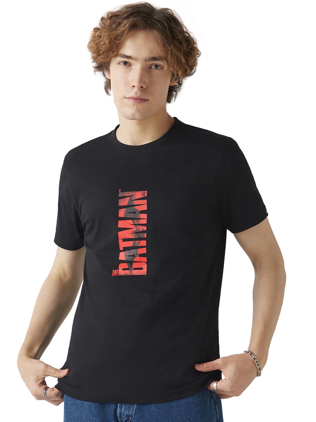 Bewakoof Batman Mens Typography Regular Fit Half Sleeve Round Neck Cotton Jersey T-Shirt_648496_Black_M