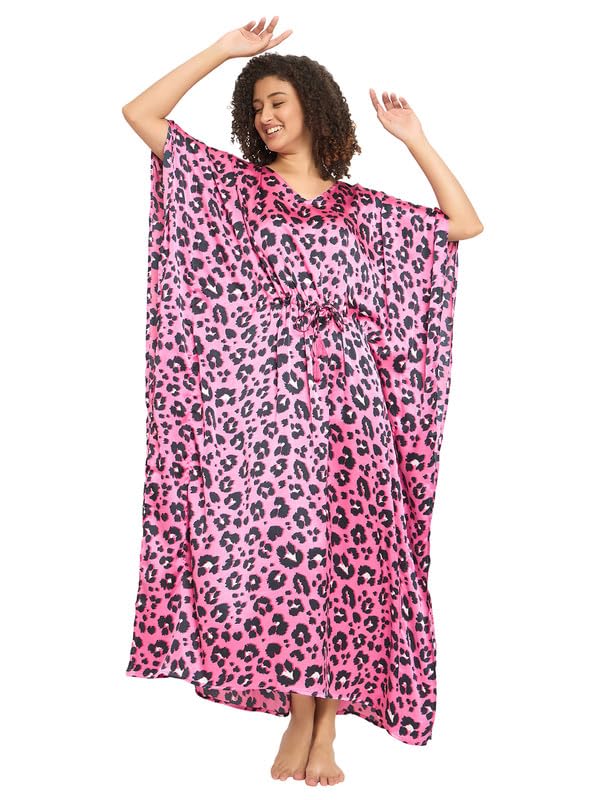 Clovia Women'S Satin Printed Long Kaftan (Ns6530R22_Pink_Xl-Xxl)