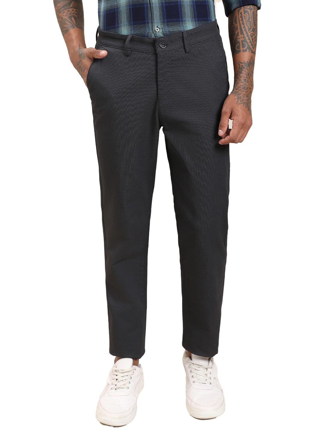 Turtle Men Cotton Stretch Straight Fit Black Flat Front Printed Casual Trouser