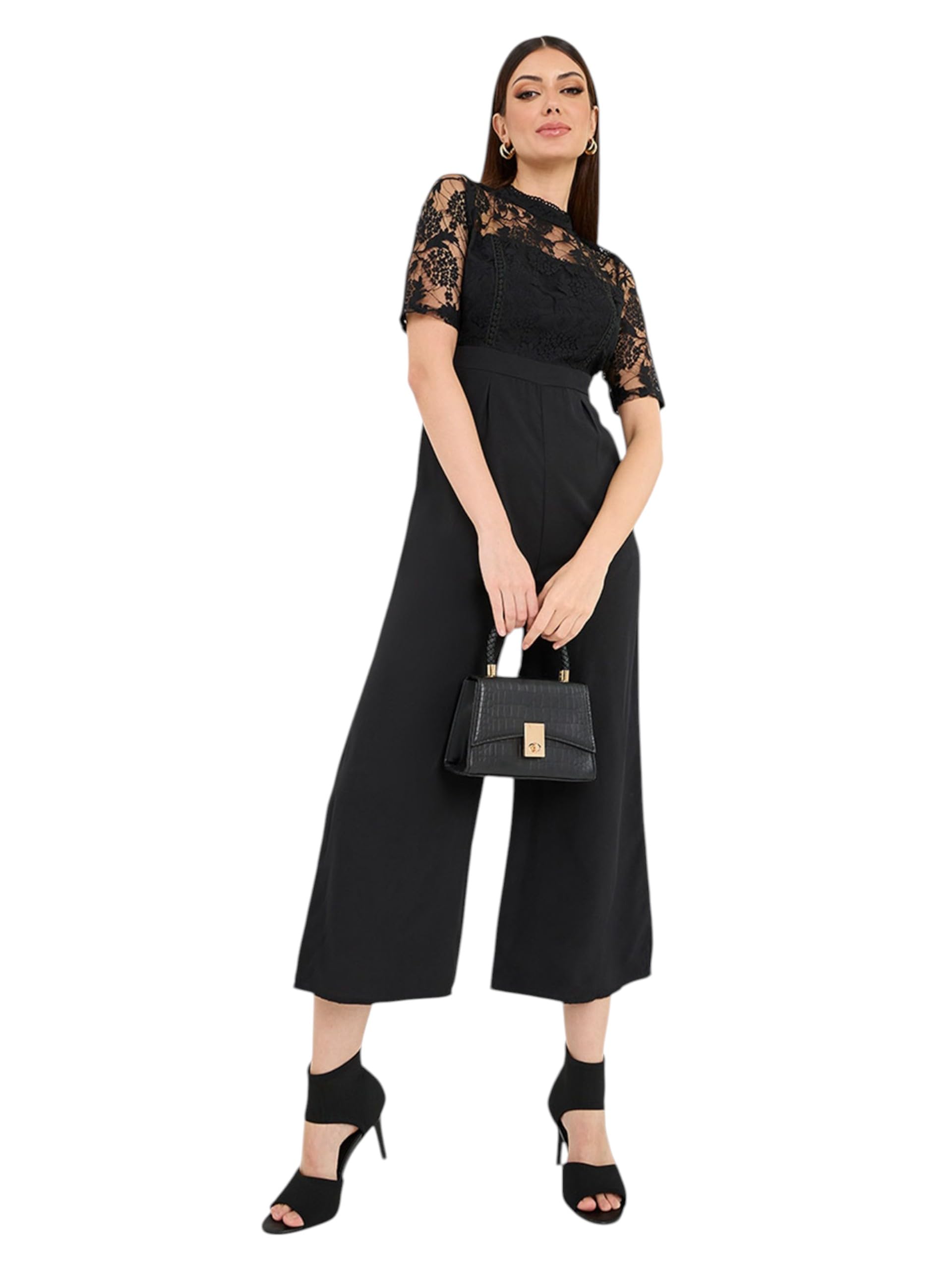 Miss Chase Womens Regular Fit Polo Neck Short Sleeve Regular Length Jumpsuit (MCSS25D92-94-62-02, Black, XS)
