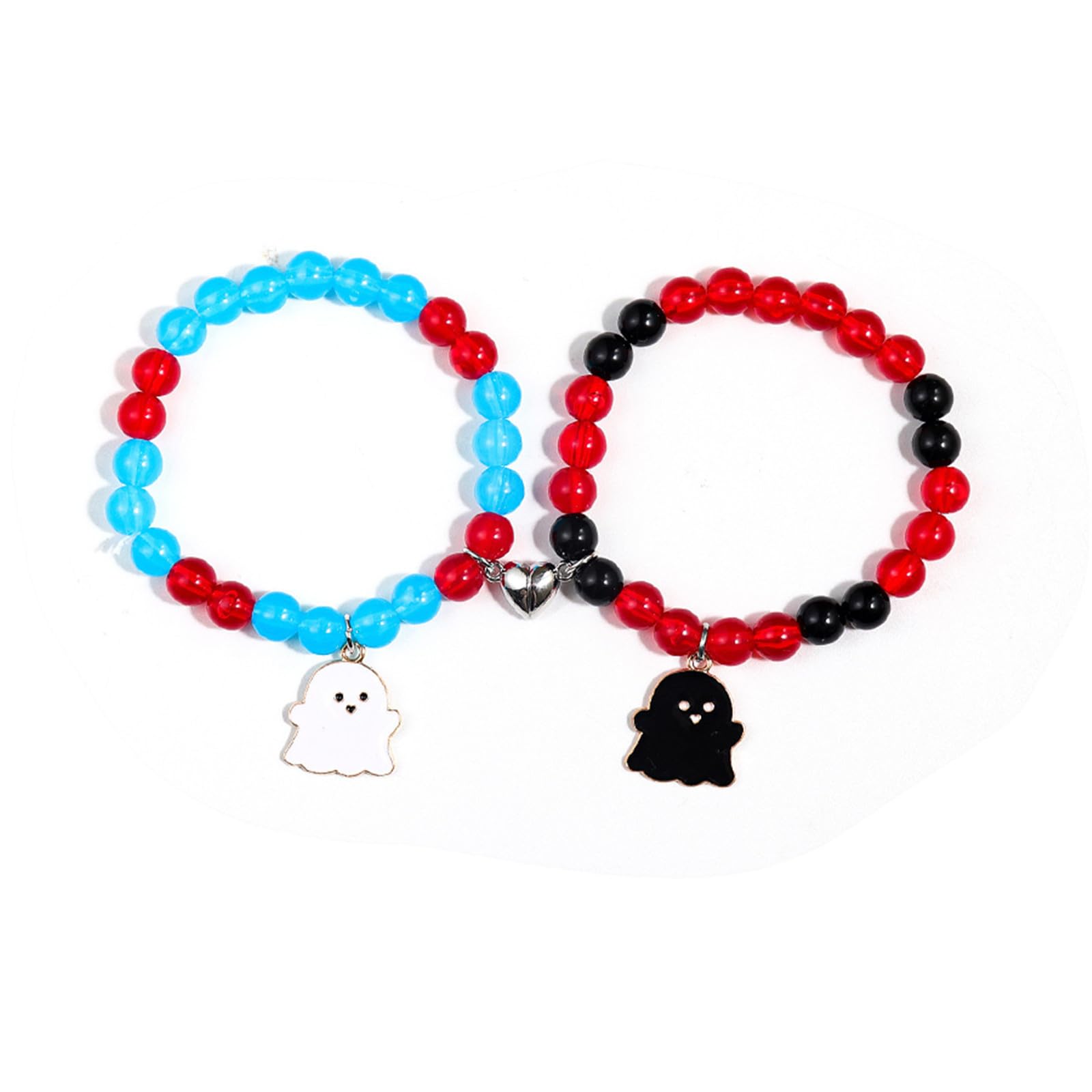 2Pcs Love Heart Couple Matching Natual Stone Beaded Ghost Bracelet Set Stretch Braide Rope Halloween Bat Devil Pumpkin Wizard Br