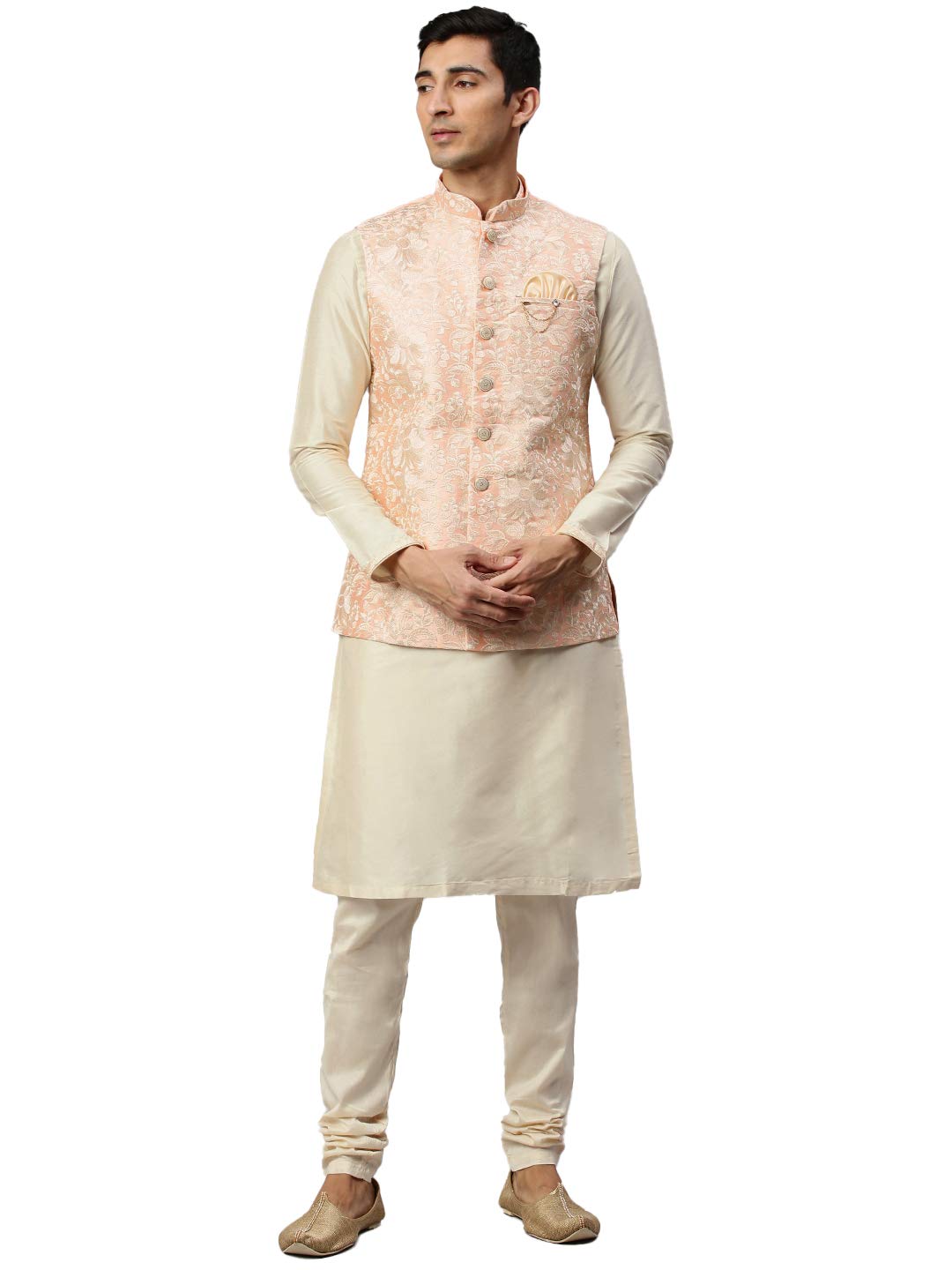 Manyavar Mens Silk Blend Regular Kurta Jacket Set (JAST156_Gajaree_L)