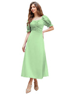 Shasmi GirlS & WomenS Solid Pista A-Line Ruched Puff Sleeve Maxi Long Evening One Piece Long Dress For Women Stylish (Dress 13