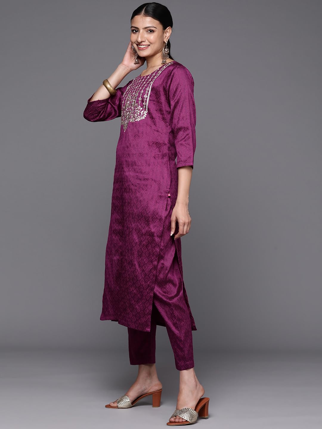 Varanga Women Purple Embellished Yoke Kurta With Bottom And Dupatta