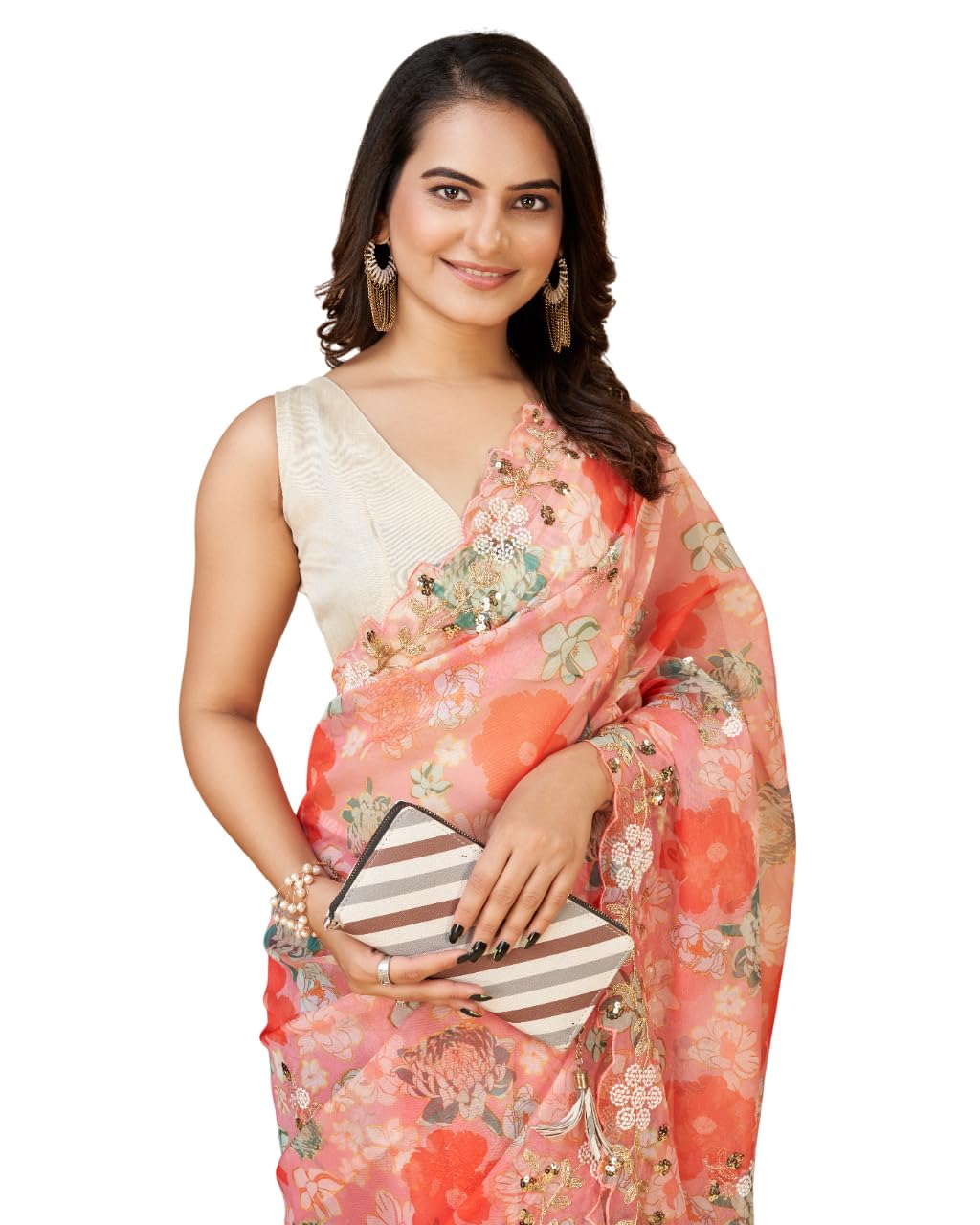 Ekasya Women Soft Organza Pink Embroidery Saree (E6100_2)