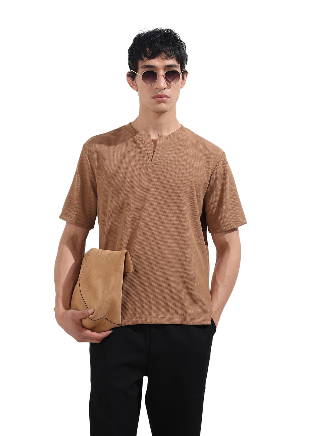 The Indian Garage Co Mens Boxy Textured Half Sleeves V Neck T-Shirt