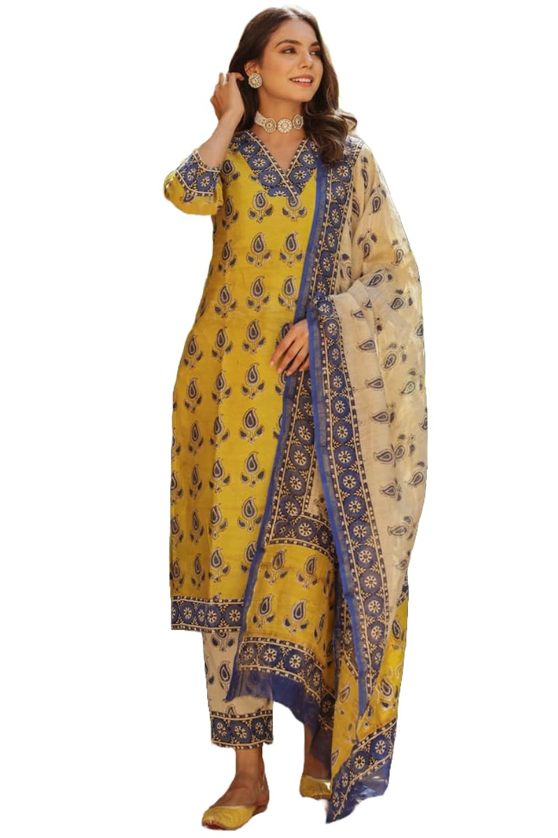 ANNI DESIGNER Womens Rayon Blend Straight Printed Kurta with Pant & Dupatta (Uchiha Mustard-VKS04_M_Mustard_Medium)