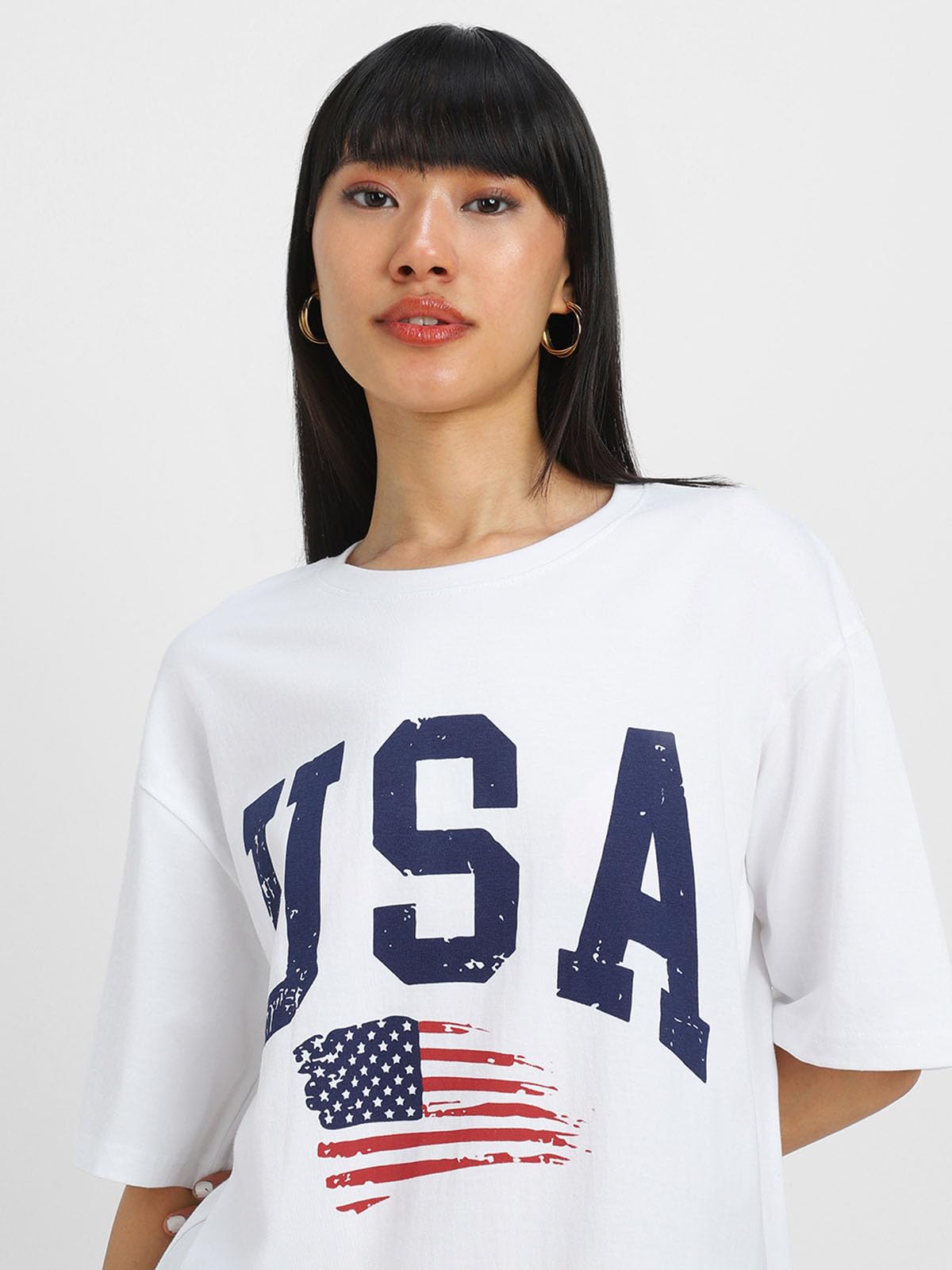 Juneberry WomenS Casual Pure Cotton White Printed Round Neck, Longline Drop Shoulder Loose Oversized T-Shirt |Oversized Tshirt