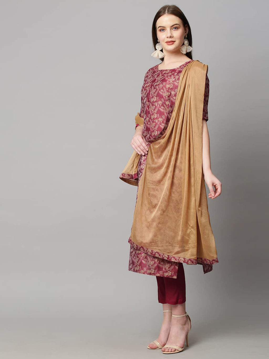 ANNI DESIGNER Womens Banarasi Silk Straight Printed Kurta with Pant & Dupatta (Banarsi-Red-Nw_S_Red_Small)