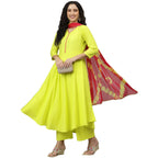 ANNI DESIGNER Women's Cotton Blend Printed Anarkali Kurta, Pant & Dupatta (Punji New Yellow_XL_Yellow_X-Large)