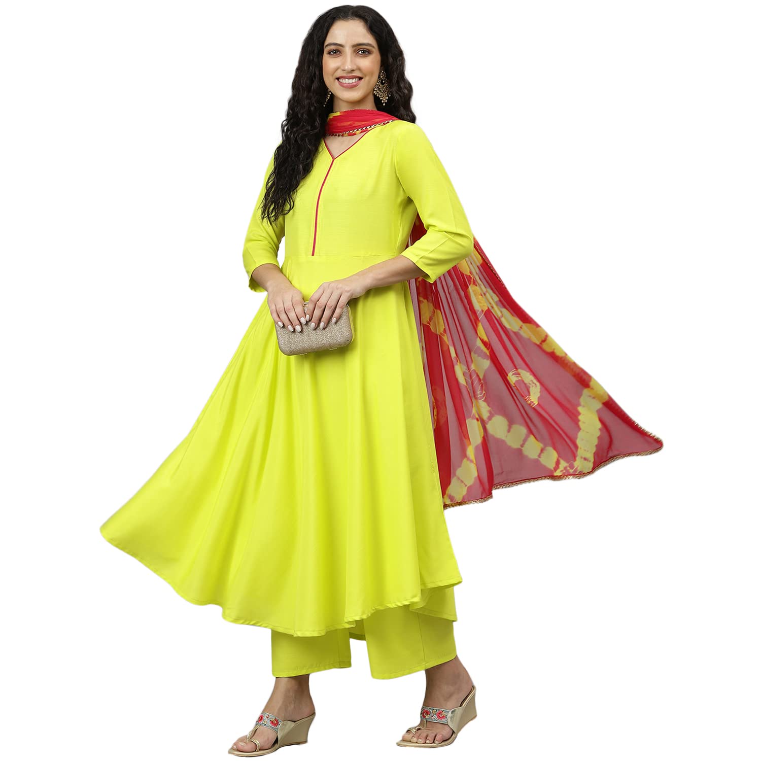 ANNI DESIGNER Women's Cotton Blend Printed Anarkali Kurta, Pant & Dupatta (Punji New Yellow_XL_Yellow_X-Large)