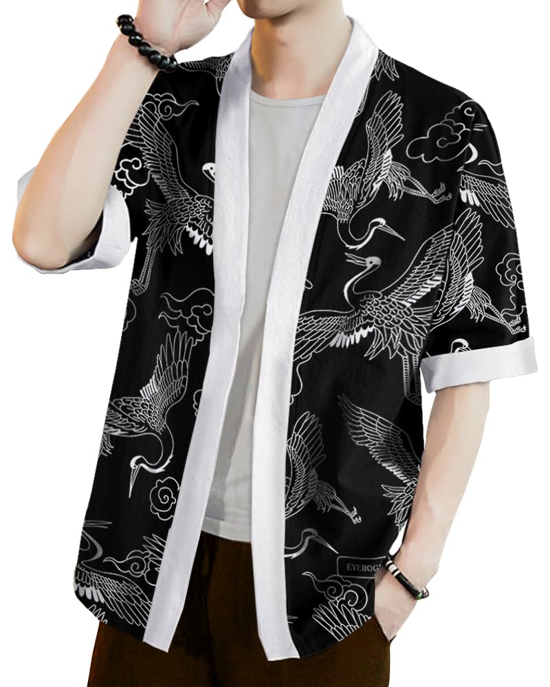 Noble Monk Men Cotton Blend Casual Printed Open Shrug Black White