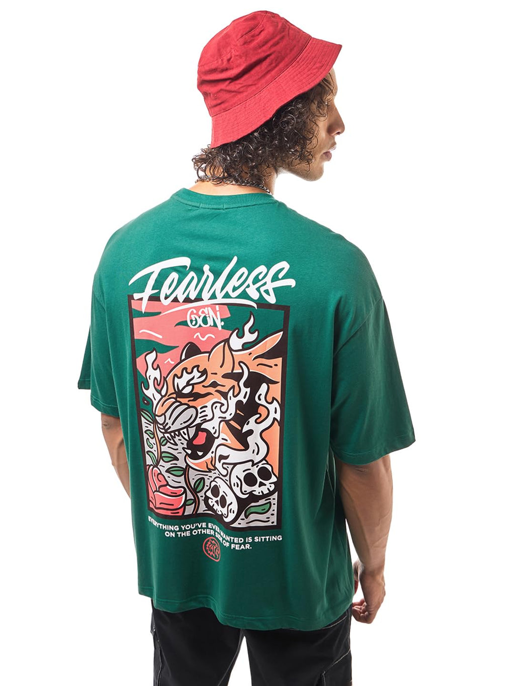 Bewakoof Mens Graphic Printed Super Loose Fit Half Sleeve Round Neck Cotton Jersey T-Shirt_629424_Green_M