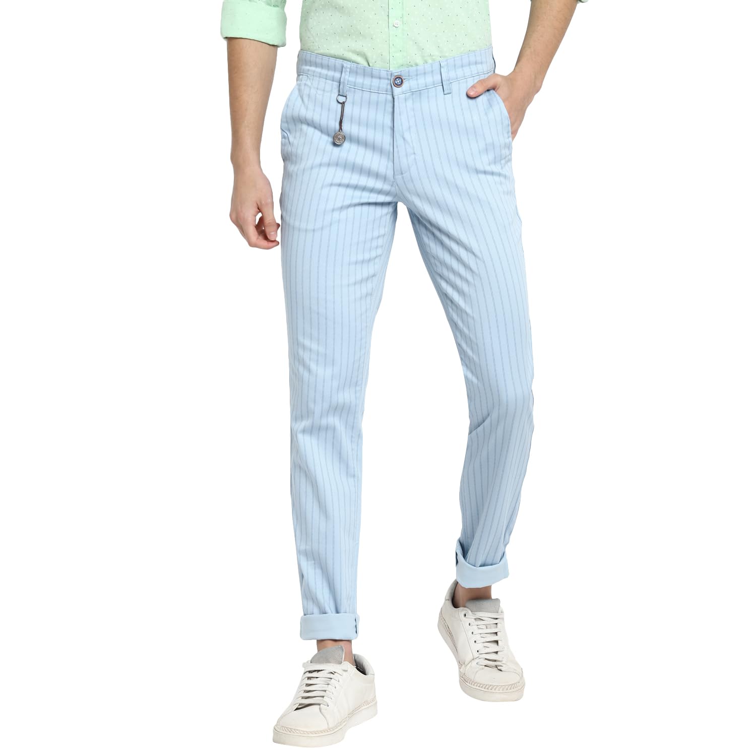 Turtle Men Cotton Stretch Striped Narrow Fit Light Blue Casual Trouser