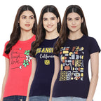 Preneum Womens Cotton Regular Fit Latest Graphic Stylish Printed Short Sleeves Casual T-Shirt || Trendy (Pack 3), Pink & Navy B