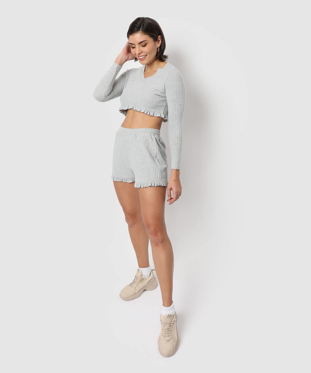 Campus Sutra Women'S Light Grey Regular Fit Cropped Co-Ords For Winter Wear | Full Sleeve | Shorts | Ribbed Co-Ords | Casual Co-