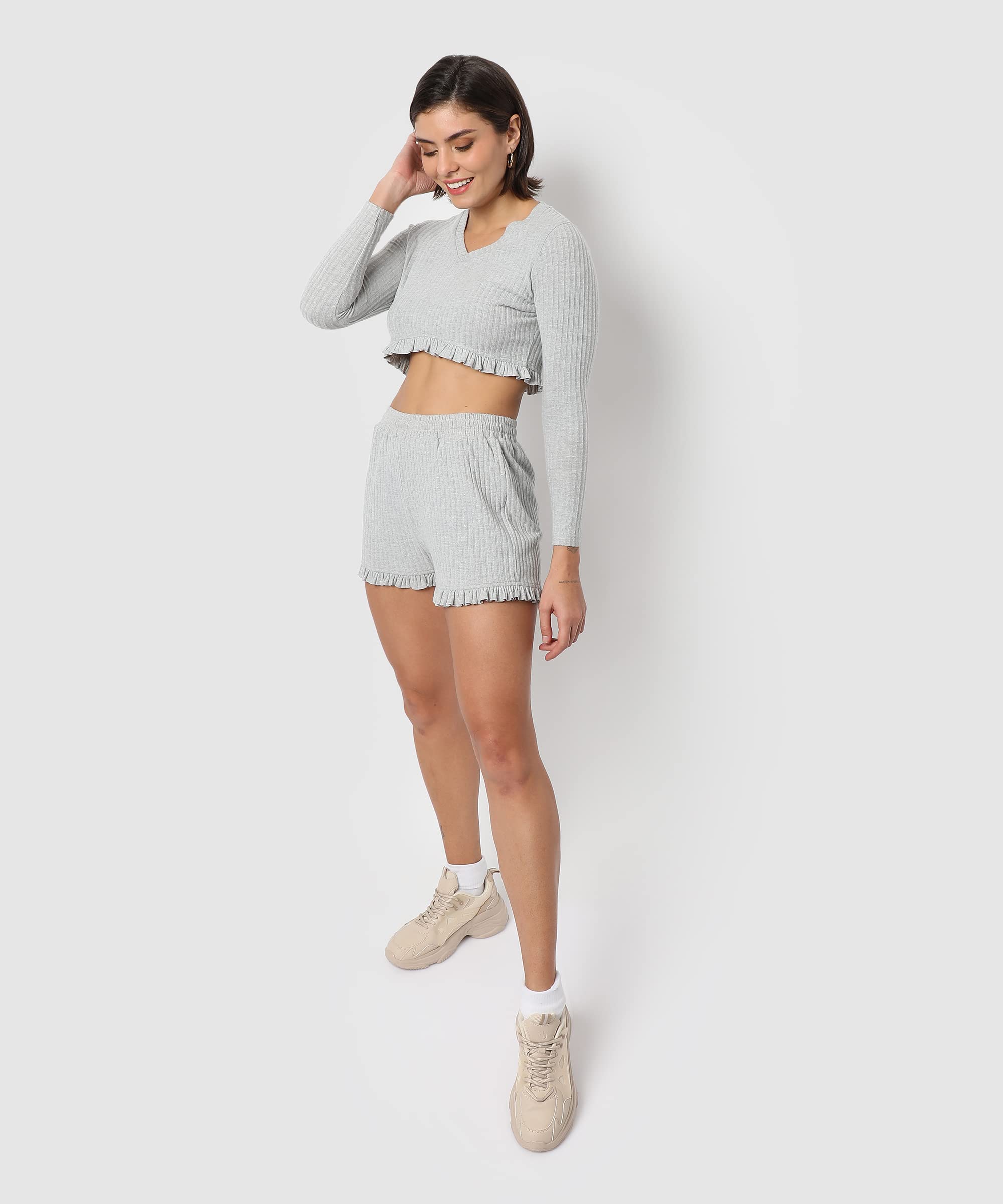 Campus Sutra Women'S Light Grey Regular Fit Cropped Co-Ords For Winter Wear | Full Sleeve | Shorts | Ribbed Co-Ords | Casual Co-