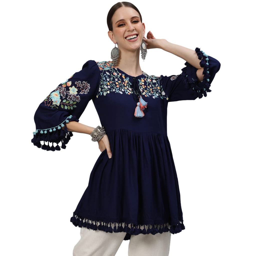 Ishin WomenS Rayon Navyn Blue Embroidered A-Line Top