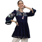 Ishin WomenS Rayon Navyn Blue Embroidered A-Line Top